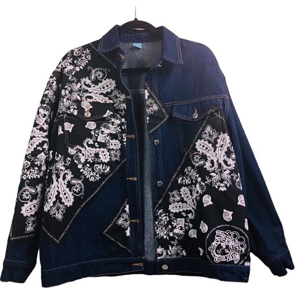 Designer Inspired Medusa Paisley Print Jean Jacket - Picture 3 of 9